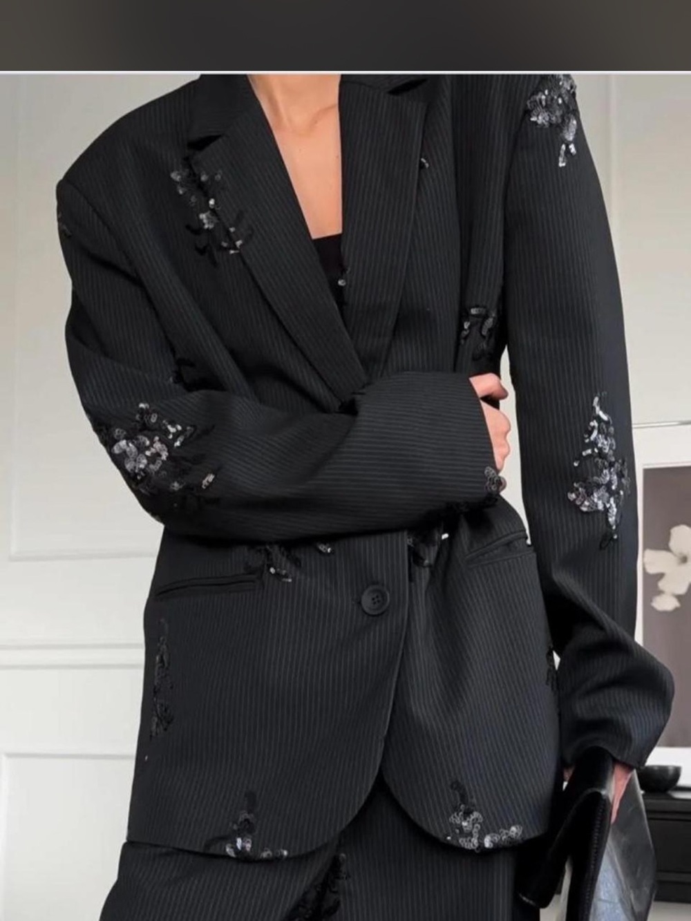 Black Embellished Pinstripe Blazer - Women